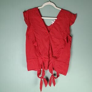 Maurices Womens Red Polka Dot Ruffle Short Sleeve V-Neck Tie Blouse Size Large